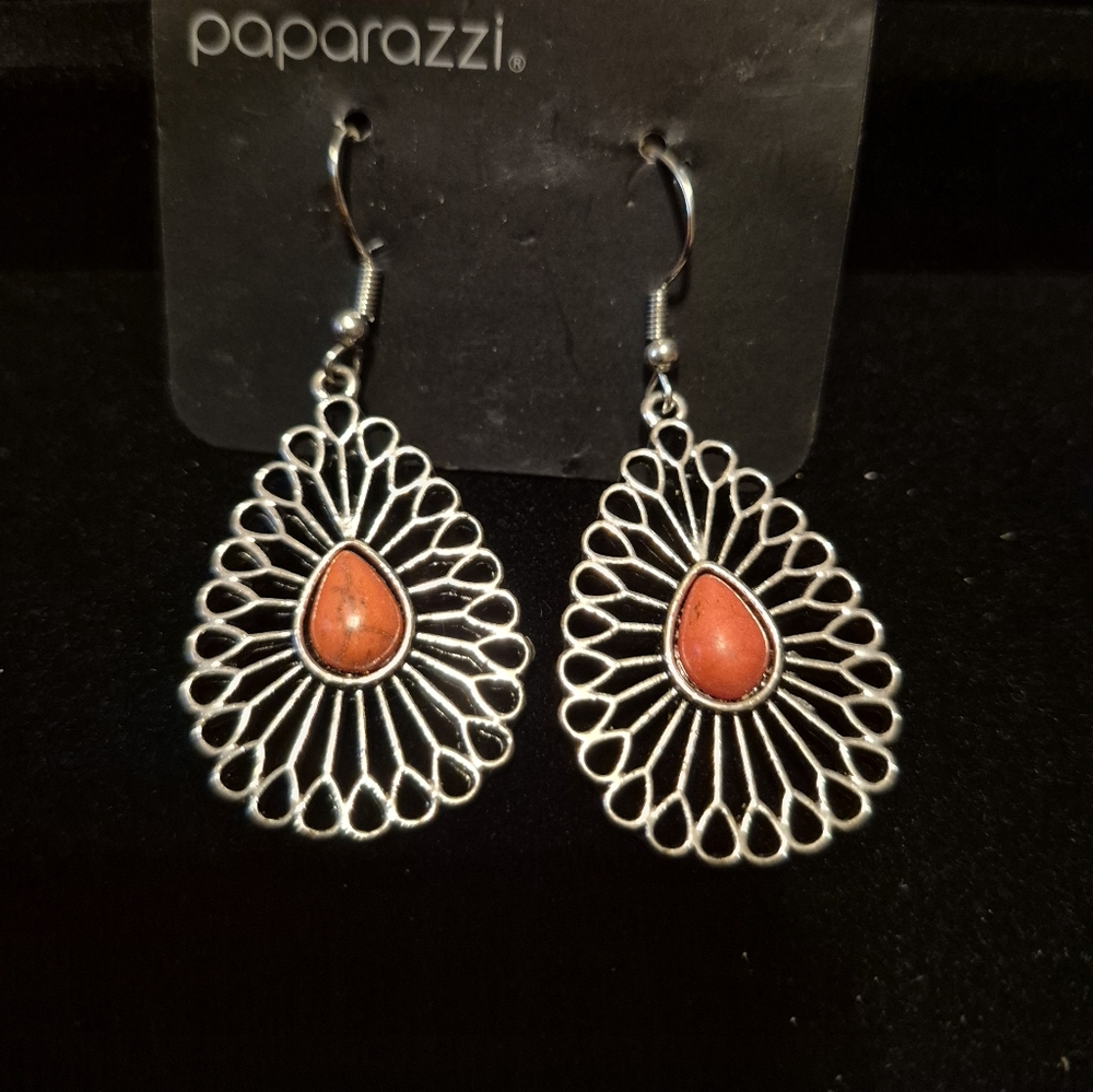 paparazzi Silver Teardrop Filigree Earrings with Orange Center